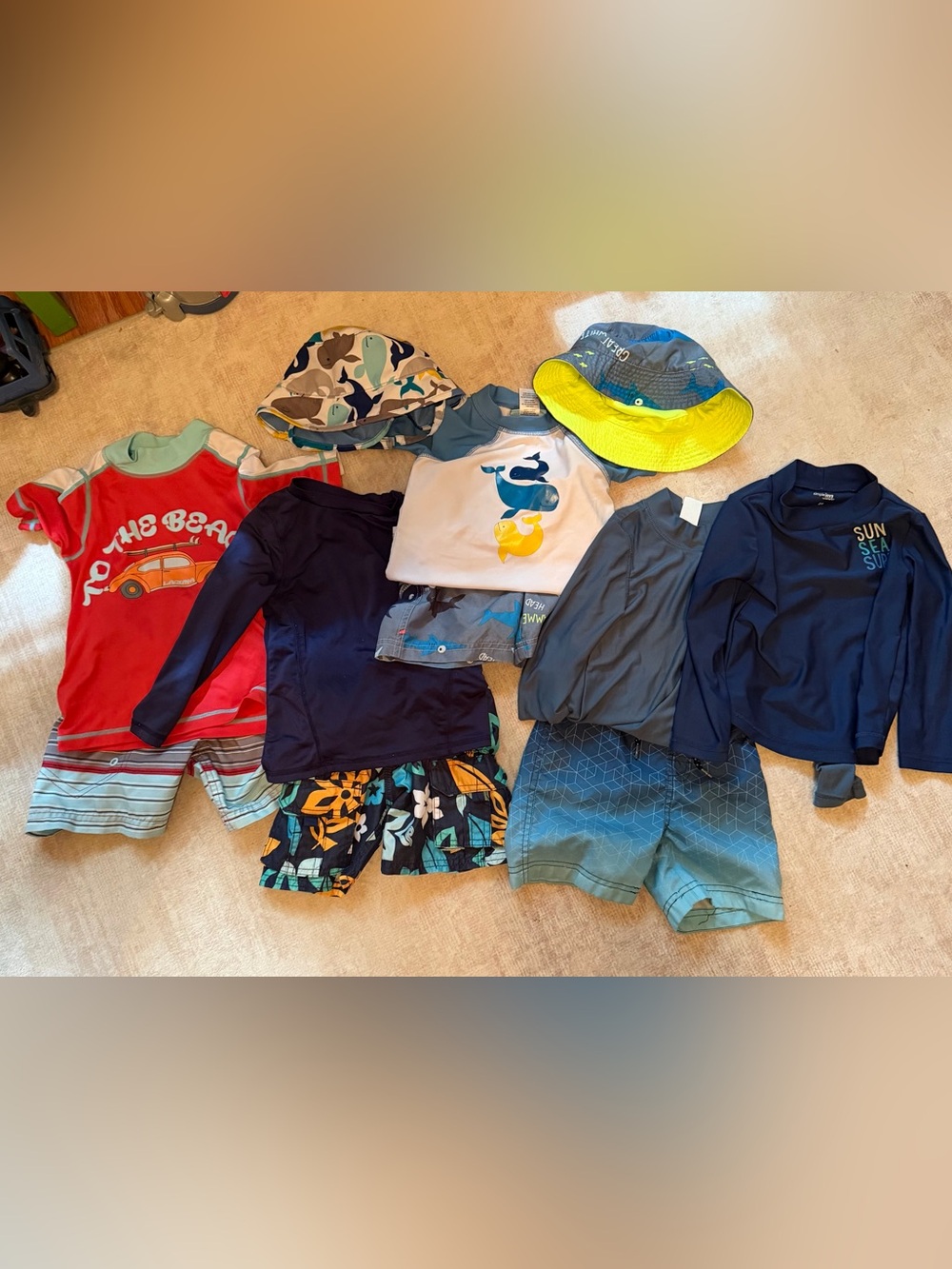 4 Toddlers Rash Guard Shirt and Swim Shorts Set with 2 Swim Hats Size 2T